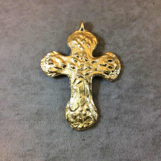 Heavy Rustic/Textured Cross Shaped Light Gold Plated Brass Pendant with Attached Ring - Measuring 60mm x 82mm, Approx. - Sold Individually