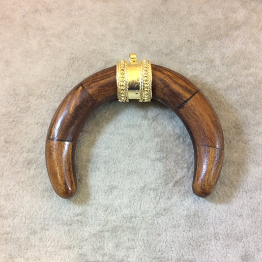 3" Medium Brown Double Ended Crescent Shaped Natural Wooden Pendant with Fancy Gold Bail - Measuring 80mm x 64mm, Approx.