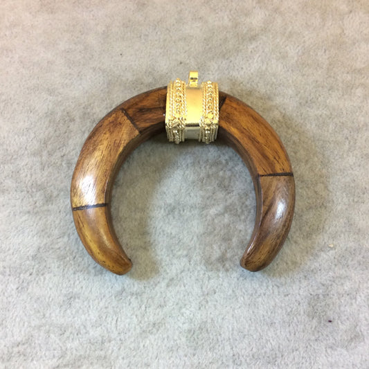 2.75" Medium Brown Double Ended Crescent Shaped Natural Wooden Pendant with Fancy Gold Bail - Measuring 70mm x 60mm, Approx.