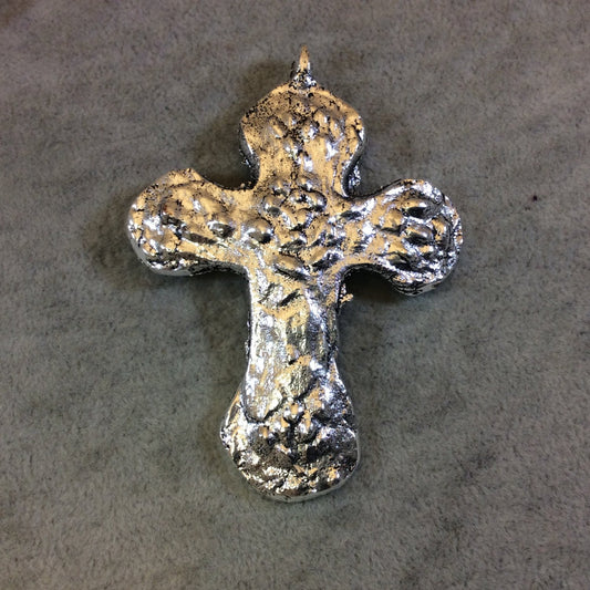 Heavy Rustic Cross Shape Oxidized Silver Plated Brass Pendant with Attached Ring - Measuring 60mm x 82mm, Approximately - Sold Individually