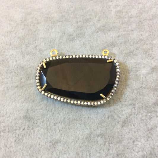 Gold Finish Faceted CZ Cubic Zirconia Rimmed Black Onyx Freeform Shaped Bezel Pendant Component - Measures 34mm x 19mm