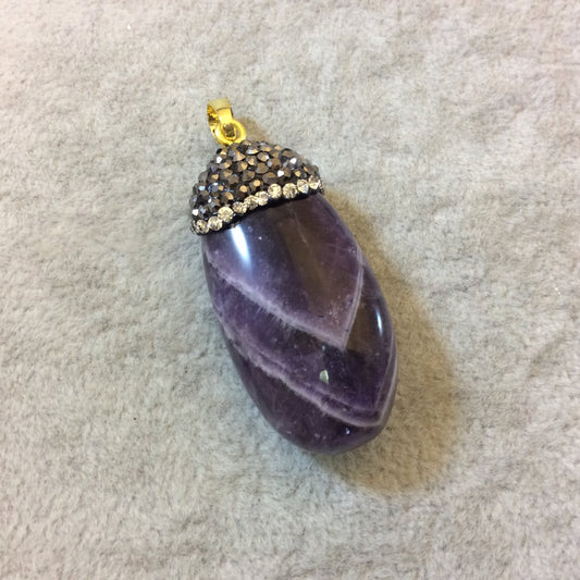 Rhinestone Encrusted Smooth Natural Amethyst Nugget Pendant with Attached Bail - Measuring 20mm x 45mm, Approx. - Sold Individually