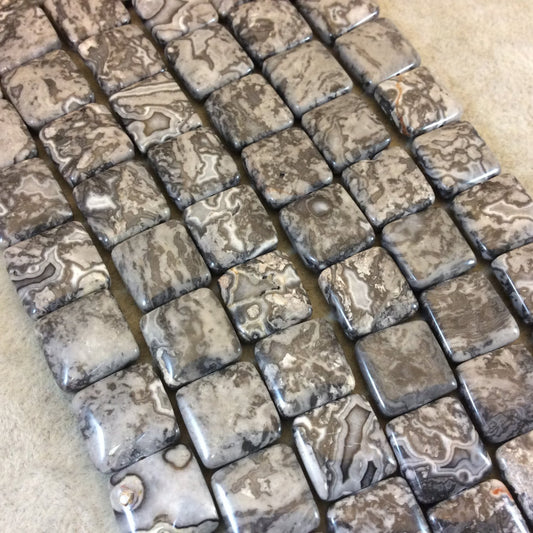 14mm Smooth Square Shaped Gray Leopard Jasper Beads with 1mm Holes - 16" Strand (Approx. 31 Beads) - Natural Semi-Precious Gemstone Beads