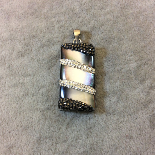 Rhinestone Encrusted Rectangle Shaped Gray Rainbow Abalone Shell Pendant - Measuring 19mm x 35mm, Approximately - Sold Individually