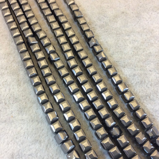 4mm Faceted Gunmetal Finish Hematite Puffy Cube Shaped Beads - 16" Strand (Approximately 106 Beads) - Natural Semi-Precious Gemstone