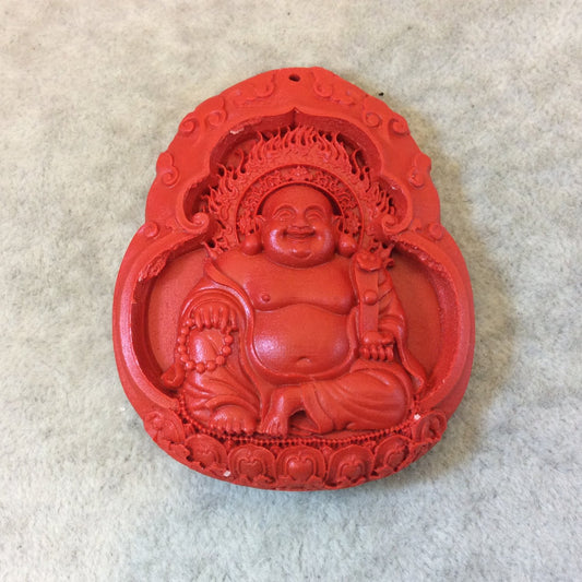 One Sided Bright Red Carved Sitting Buddha Shaped Resin Pendant- Measuring 55mm x 66mm - Sold Individually, Randomly Selected