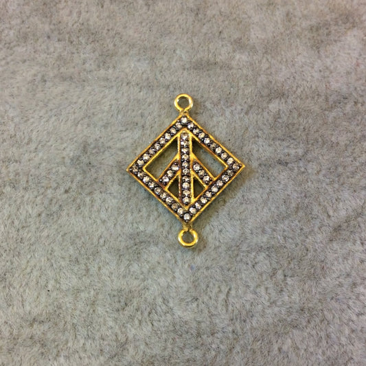 Gold Finish Peace Sign Shaped CZ Cubic Zirconia Inlaid Plated Copper Connector Component - Measuring 19mm x 19mm - Sold Individually