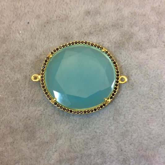 Gold Finish Faceted CZ Rimmed Aqua Green Chalcedony Round Shaped Bezel Connector Component - Measures 31mm x 31mm - Sold Individually