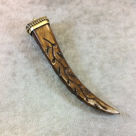 4" Carved (Style B) Square Sided Brown Bone Tusk Pendant with Dotted Gold Cap - Measuring 17mm x 20mm x 112mm, Approx. - Sold Individually