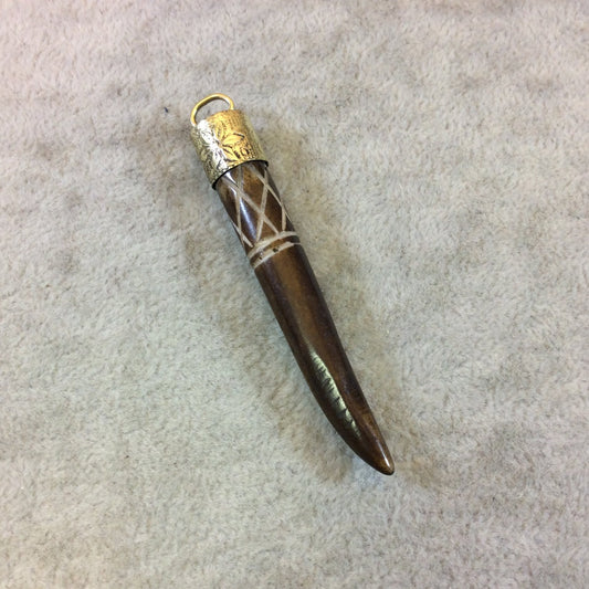 2.5" Dark Brown Bone Spike/Tusk Pendant with Carved "X" Designs and Gold Floral Cap - Measuring 8mm x 65mm Approx - Sold Individually(BL 13)
