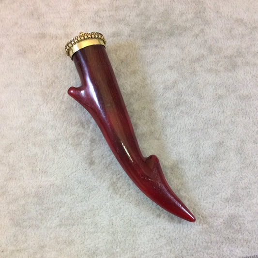 SALE - 4" Long Dyed Deep Red Colored Twig/Antler Shaped Horn Tusk Pendant with Dotted Golden Cap - Measuring 20mm x 110mm