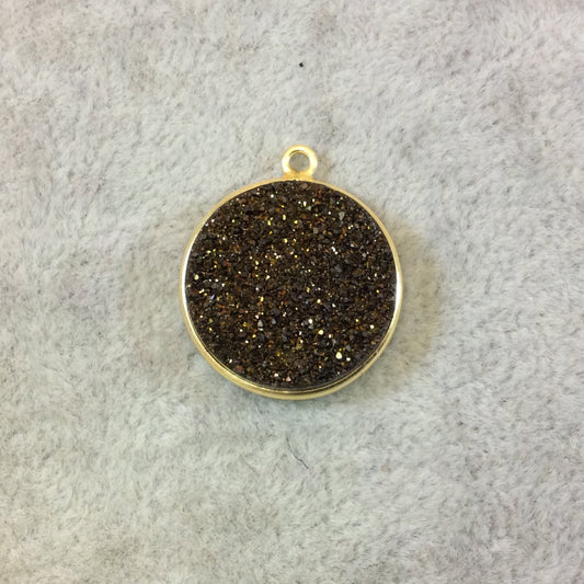 Gold Finish Deep Gold/Bronze Round/Coin Shaped Natural Druzy Agate Bezel Pendant Component - Measures 20mm x 20mm - Sold Individually
