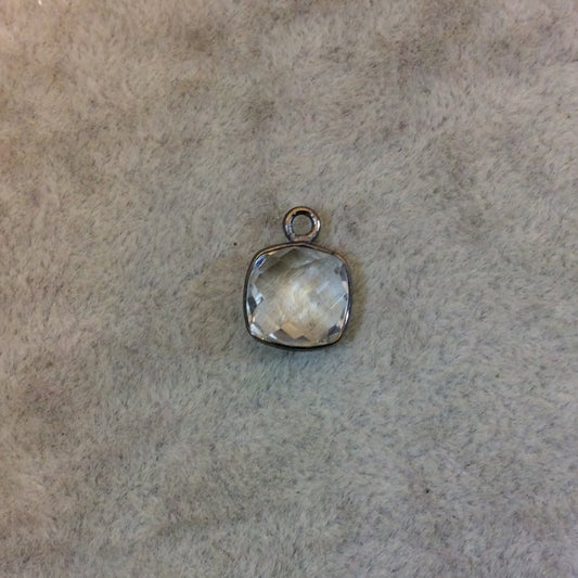 Gunmetal Plated Faceted Clear Hydro (Lab Created) Quartz Square Shaped Bezel Pendant - Measuring 10mm x 10mm - Sold Individually
