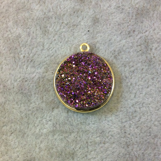 Gold Finish Lavender/Purple Round/Coin Shaped Natural Druzy Agate Bezel Pendant Component - Measures 20mm x 20mm - Sold Individually