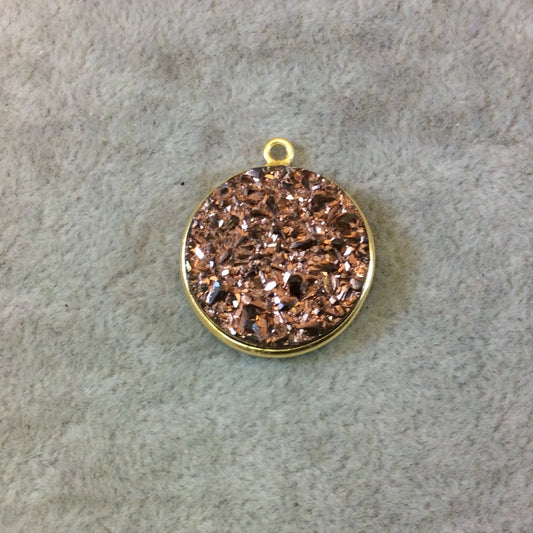 Gold Finish Peach/Brown Colored Round/Coin Shaped Natural Druzy Agate Bezel Pendant Component - Measures 20mm x 20mm - Sold Individually