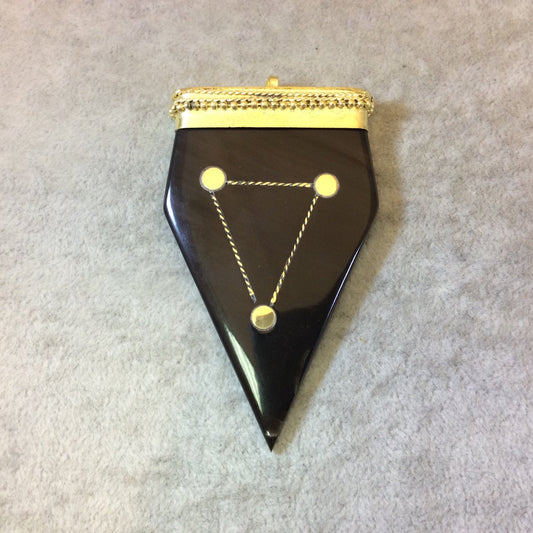 SALE 3" Jet Black Pointed Arrow Shaped Natural Horn Pendant with Gold Line/Dot Inlay and Dotted Gold Cap - Measuring 43mm x 75mm