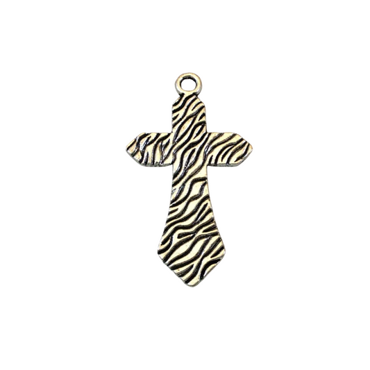 1.5" Long Tibetan Silver Zebra Striped Textured Cross Shaped Focal Pendant - 27mm x 42mm with Attached Ring - Sold Individually (A15308)