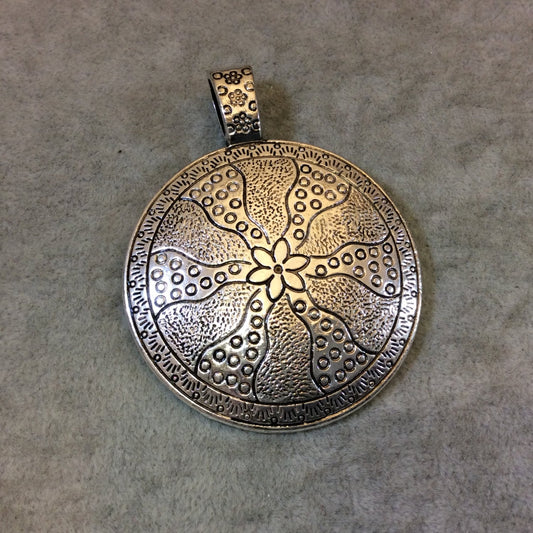 2" Long Tibetan Silver Floral Stamped/Textured Disc Shaped Focal Pendant - Measuring 53mm x 53mm with Attached Ring - Sold Individually