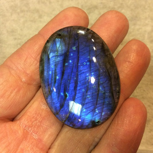 OOAK Oval Shaped AAA Iridescent Blue/Aqua Labradorite Flat Back Cabochon - Measuring 34mm x 46mm, 6mm Dome Height - Natural Gemstone Cab