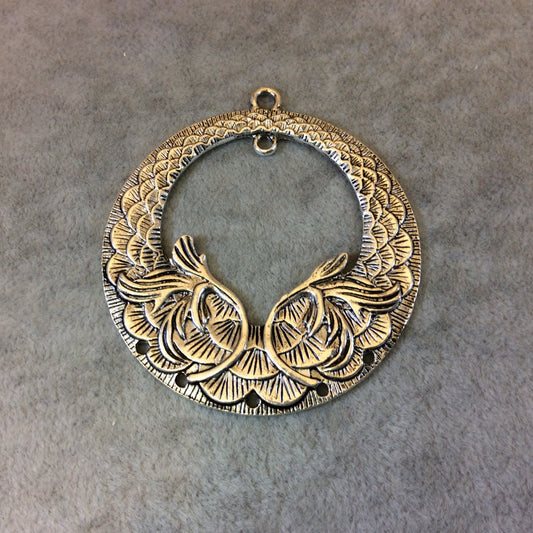 2" Long Tibetan Silver Scalloped Floral Pattern Hoop Shaped Focal Pendant with Drilled Holes - Measuring 55mm x 55mm - Sold Individually