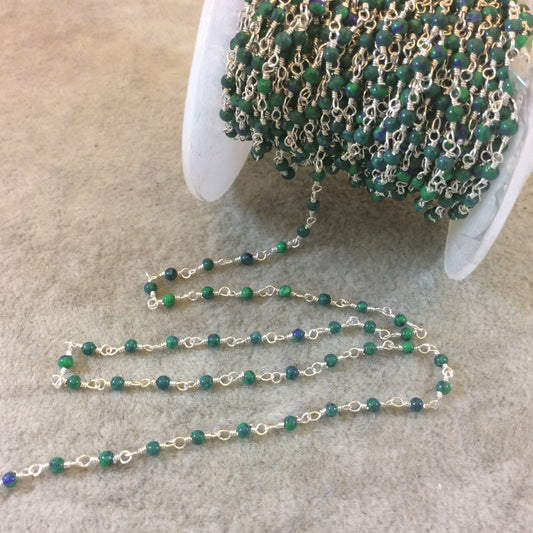 Silver Plated Wrapped Copper Rosary Chain with Glossy 2mm Round Shaped Manmade Malachite/Azurite Beads - Sold in 1' Increments - (CH021-SV)