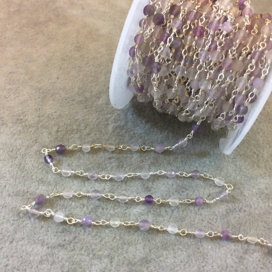 Silver Plated Copper Rosary Chain with Faceted 3-4mm Round Shaped Natural Mixed Fluorite Beads (CH082-SV) - Sold in 1' Sections!