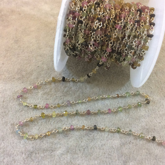 Silver Plated Wrapped Copper Rosary Chain with Glossy 2-3mm Rondelle Shaped Natural Tourmaline Beads - Sold in 1' Increments - (CH052-SV)