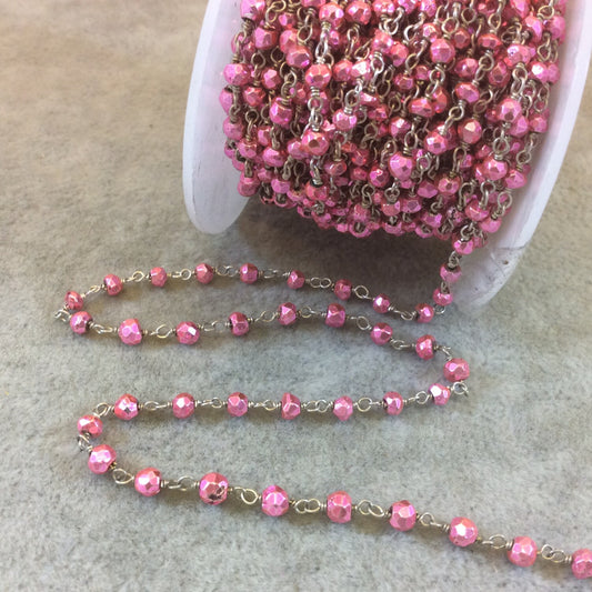 Silver Plated Copper Rosary Chain with Faceted 3mm Rondelle Shaped Metallic Pink Pyrite Beads (CH092-SV) - Sold in 1' Sections!