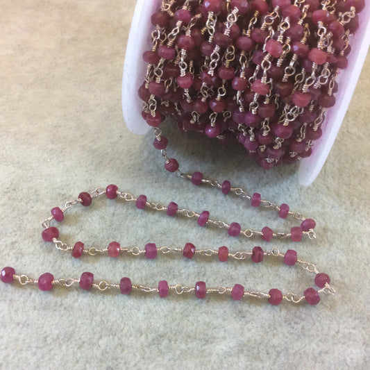 Silver Plated Copper Rosary Chain with Faceted 3-4mm Rondelle Shaped Enchanced Ruby Beads (CH111-SV) - Sold in 1' Sections!