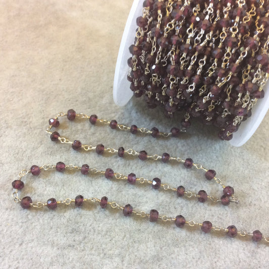 Silver Plated Copper Rosary Chain with Faceted 3-4mm Rondelle Shaped Natural Deep Red Garnet Beads (CH110-SV) - Sold in 1' Sections!