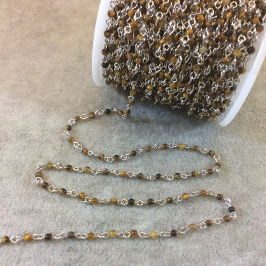 DISC Silver Plated Copper Rosary Chain with 2mm Smooth Round Tiger Eye Beads - Natural Beaded Chain - Sold in 1' Increments