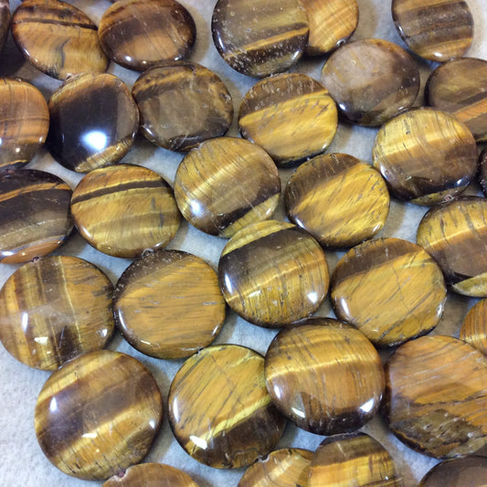 Smooth Tiger Eye Flat Round/Coin Shape Beads - Measuring 25mm x 25mm - 15.25" Strand (Approximately 16 Beads) - Natural Gemstone Bead Strand