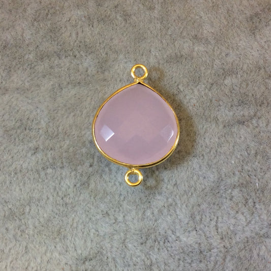 Gold Finish Faceted Light Rose Pink Chalcedony Heart/Teardrop Shaped Bezel Connector Component - Measuring 18mm x 18mm - Natural Gemstone