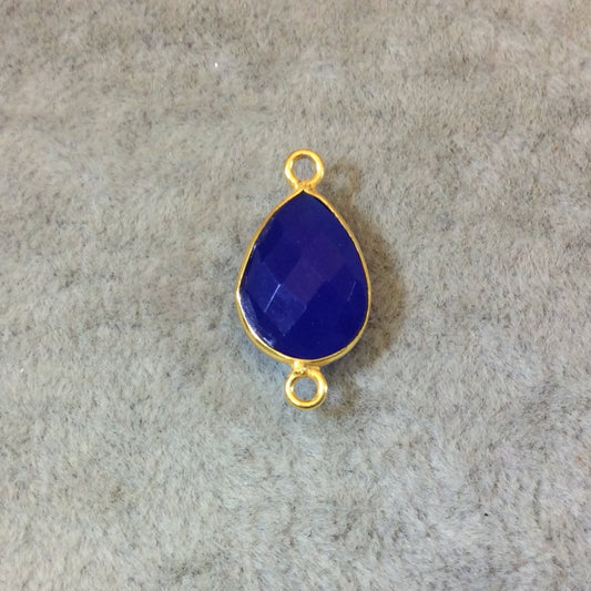 Gold Finish Faceted Cobalt Blue Pear/Teardrop Shaped Bezel Two Ring Connector Component - Measuring 10mm x 15mm - Natural Gemstone