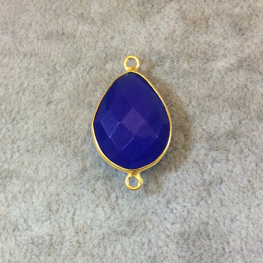 Gold Finish Faceted Cobalt Blue Pear/Teardrop Shaped Bezel Two Ring Connector Component - Measuring 15mm x 20mm - Natural Gemstone