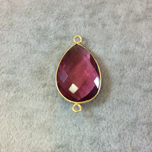 Gold Finish Faceted Pear/Teardrop Shaped Fuchsia Pink Quartz Bezel Two Ring Connector Component - Measuring 18mm x 24mm - Natural Gemstone