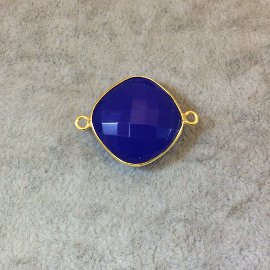 Gold Finish Faceted Cobalt Blue Diamond Shaped Bezel Two Ring Connector Component - Measuring 18mm x 18mm - Natural Gemstone