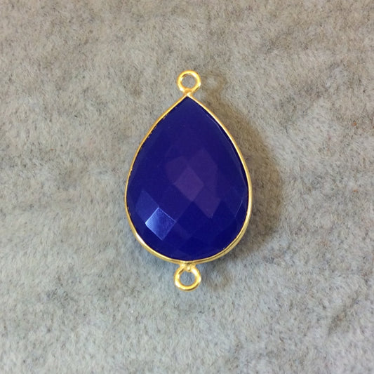 Gold Finish Faceted Cobalt Blue Pear/Teardrop Shaped Bezel Two Ring Connector Component - Measuring 18mm x 24mm - Natural Gemstone