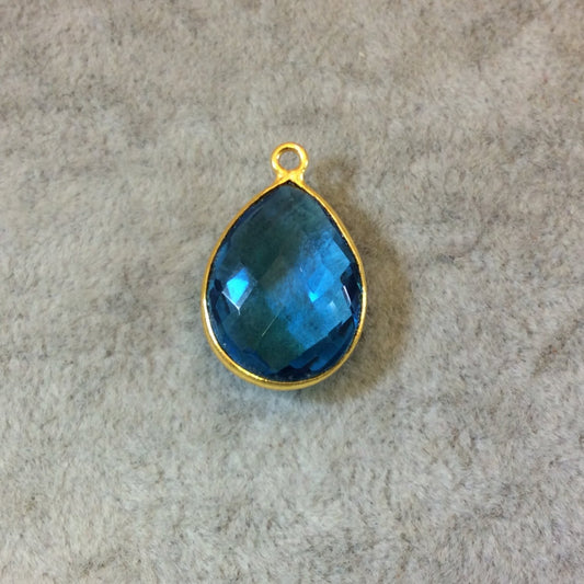 Gold Finish Faceted Azure Blue Quartz Pear/Teardop Shaped Bezel Pendant Component - Measuring 15mm x 20mm - Natural Semi-precious Gemstone