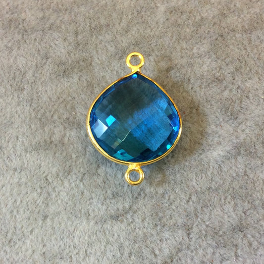 Gold Finish Faceted Pear/Tear Shaped Azure Blue Quartz Bezel Two Ring Connector Component - Measuring 18mm x 18mm - Natural Gemstone