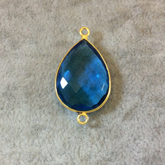 Gold Finish Faceted Pear/Teardrop Shaped Azure Blue Quartz Bezel Two Ring Connector Component - Measuring 18mm x 24mm - Natural Gemstone