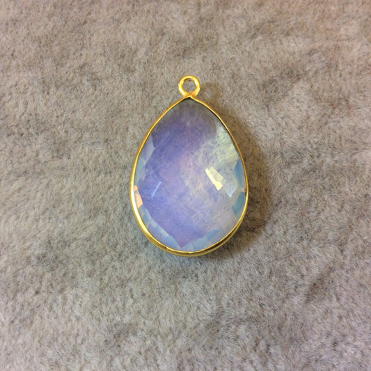Gold Finish Faceted Milky White Opalite Pear/Teardrop Shaped Bezel Pendant Component - Measuring 18mm x 24mm - Natural Gemstone
