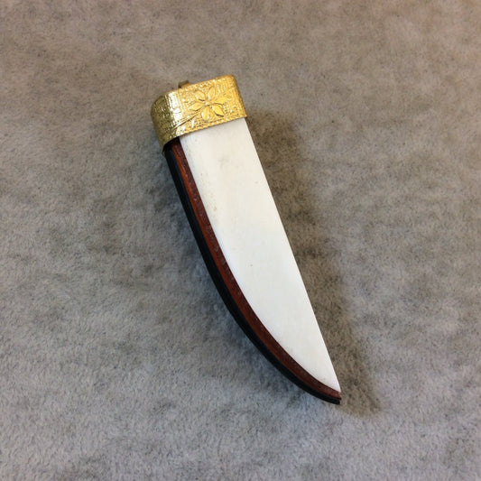 SALE - 3" White/Red/Black Layered Tusk/Claw Shaped Natural Bone/Horn/Wood Pendant with Gold Cap - Measuring 20mm x 80mm - (TR3WRBTLCB)