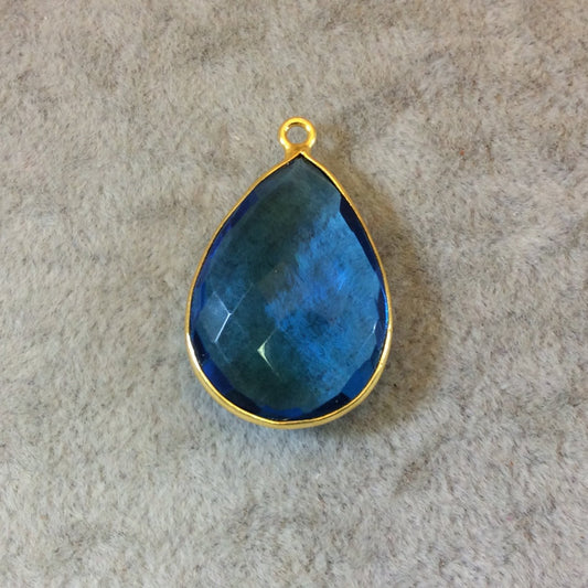 Gold Finish Faceted Azure Blue Quartz Pear/Teardop Shaped Bezel Pendant Component - Measuring 18mm x 24mm - Natural Semi-precious Gemstone