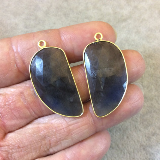 One Pair of OOAK Gold Finish Faceted Sapphire Freeform/Tusk Shaped Bezel Pendants "SP2"- Measuring 17mm x 32mm - Semi-precious Gemstone