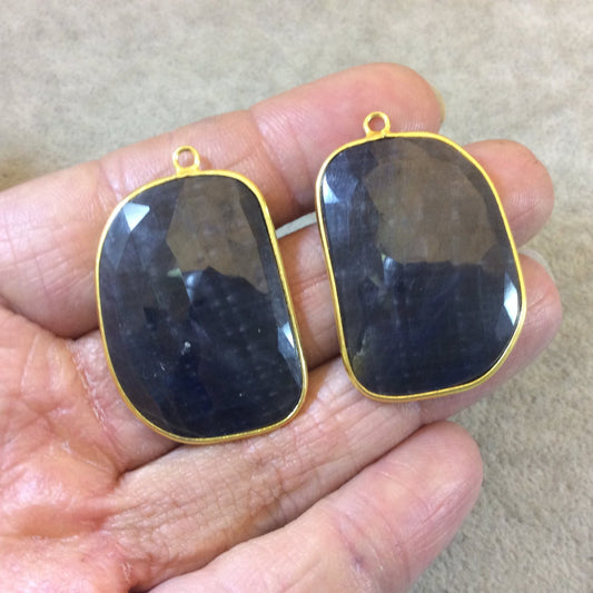 One Pair of OOAK Gold Finish Faceted Sapphire Freeform Shaped Bezel Pendants "SP3"- Measuring 23mm x 32mm - Natural Semi-precious Gemstone