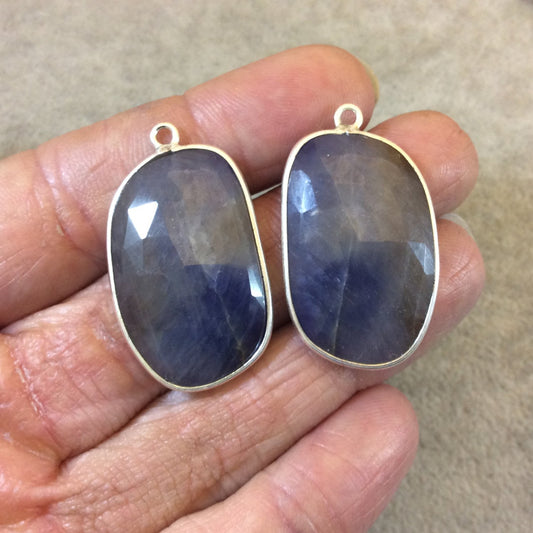 One Pair of OOAK Silver Finish Faceted Sapphire Freeform/Bean Shaped Bezel Pendants "SP1"- Measuring 19mm x 31mm - Semi-precious Gemstone