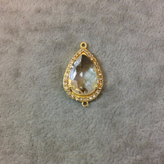 Gold Finish Faceted CZ Rimmed Clear Quartz Teardrop/Pear Shaped Bezel Pendant/Connector Component - Measures 18mm x 24mm