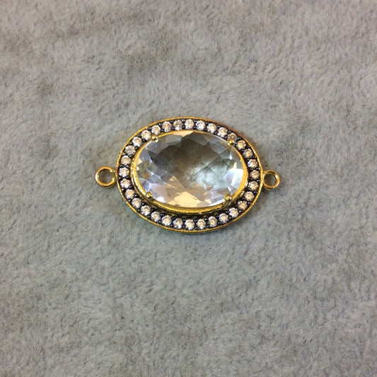 Gold Finish Faceted CZ Rimmed Clear Quartz Oval Shaped Bezel Connector Component - Measures 20mm x 25mm - Sold Individually