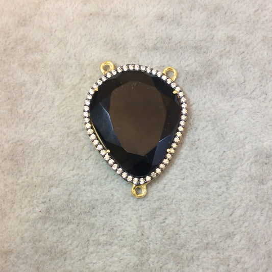 Gold Finish Faceted CZ Cubic Zirconia Rimmed Black Onyx Freeform Shaped Bezel Pendant Component - Measures 28mm x 33mm